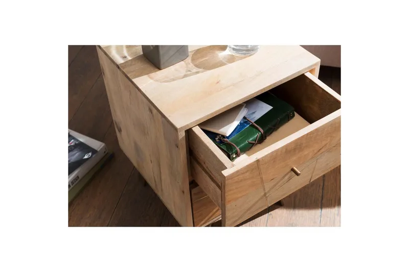 Nattbord Wohnling SIKAR solid mangotre for boksfjærseng metallinnlegg 2 skuffer - Møbler - Bord - Avlastningsbord - Sengebord & nattbord