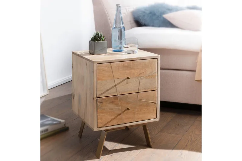 Nattbord Wohnling SIKAR solid mangotre for boksfjærseng metallinnlegg 2 skuffer - Møbler - Bord - Avlastningsbord - Sengebord & nattbord