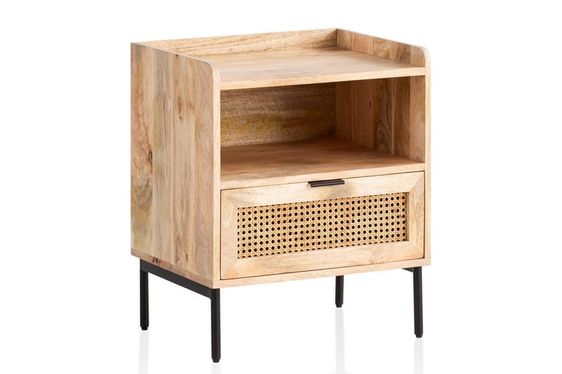 Nattbord Wohnling Solid Mangotre med 1 Skuffe Et Oppbevaringsbrett med Wienerflettverk, undefined