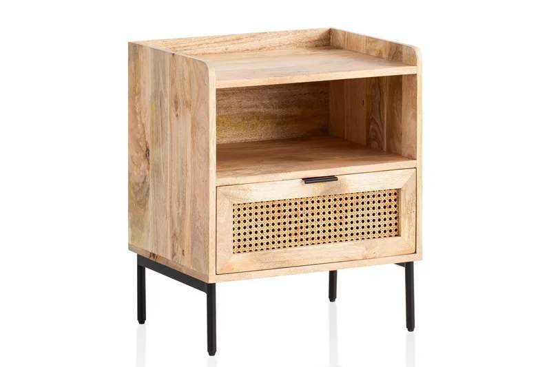 Nattbord Wohnling Solid Mangotre med 1 Skuffe Et Oppbevaringsbrett med Wienerflettverk, undefined