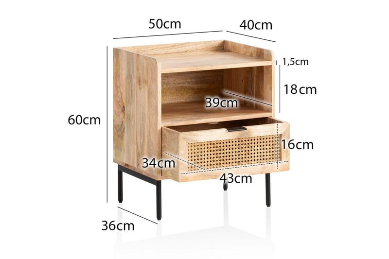 Nattbord Wohnling Solid Mangotre med 1 Skuffe Et Oppbevaringsbrett med Wienerflettverk - Møbler - Bord - Avlastningsbord - Sengebord & nattbord