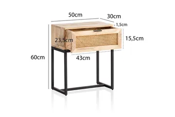 Nattbord Wohnling Solid Mangotre med 1 Skuffe med Wienerflettverk I Industrielt Utseende - Møbler - Bord - Avlastningsbord - Sengebord & nattbord