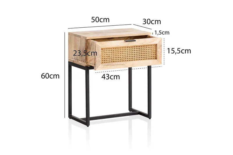Nattbord Wohnling Solid Mangotre med 1 Skuffe med Wienerflettverk I Industrielt Utseende - Møbler - Bord - Avlastningsbord - Sengebord & nattbord