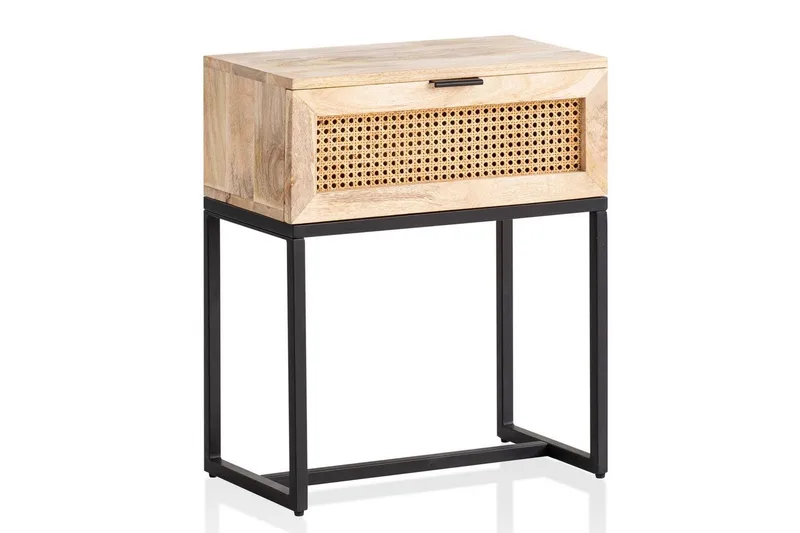 Nattbord Wohnling Solid Mangotre med 1 Skuffe med Wienerflettverk I Industrielt Utseende, undefined