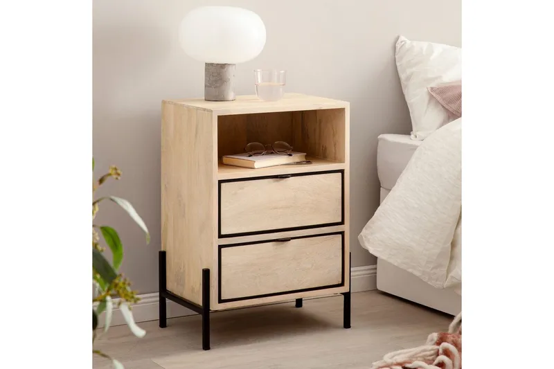 Nattbord Wohnling Solid Mangotre med 2 Skuffer Et Oppbevaringsrom - Møbler - Bord - Avlastningsbord - Sengebord & nattbord