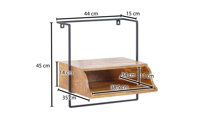 Nattbord Wohnling Vegghengt konsoll laget av solid mangotre med hylle, industriell - Møbler - Bord - Avlastningsbord - Sengebord & nattbord