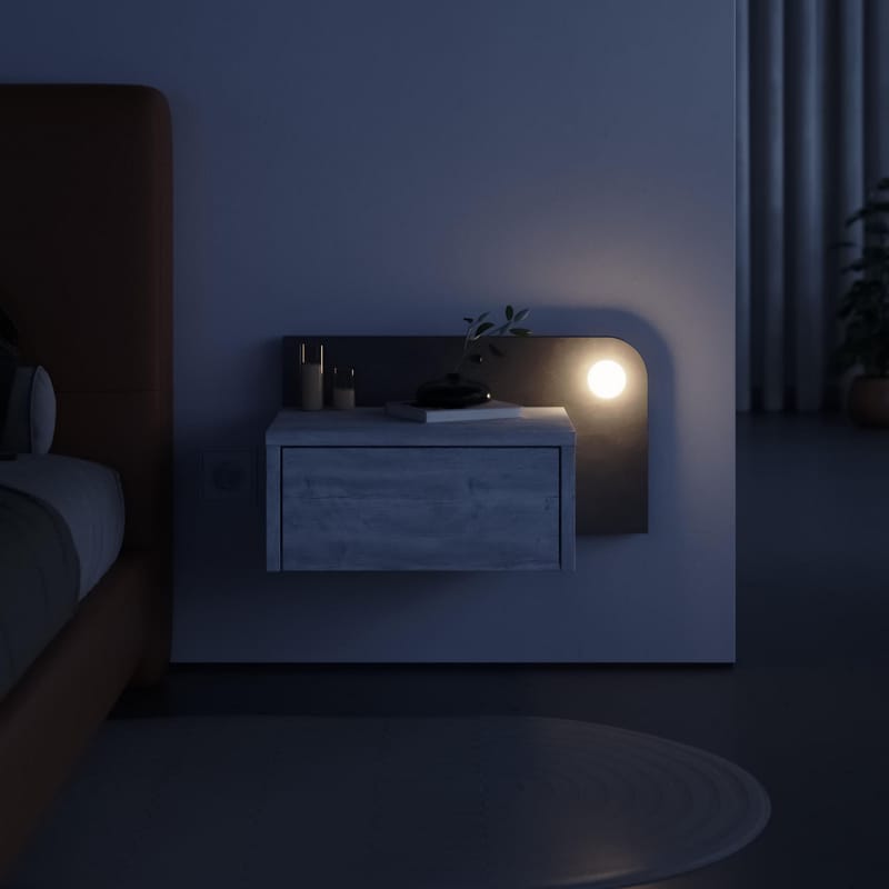 Nosina Veggmontert Nattbord 52 cm med Eik- og Betongutseende, Oppbevaring med Skuff og LED-belysning - Grå/Hvit - Møbler - Bord - Avlastningsbord - Sengebord & nattbord