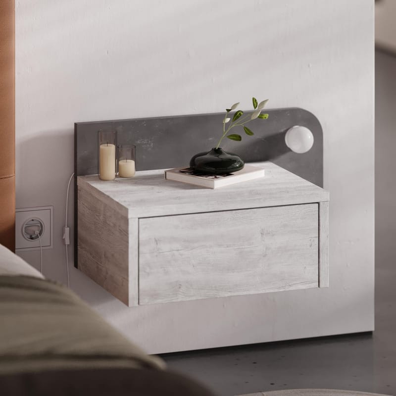 Nosina Veggmontert Nattbord 52 cm med Eik- og Betongutseende, Oppbevaring med Skuff og LED-belysning - Grå/Hvit - Møbler - Bord - Avlastningsbord - Sengebord & nattbord