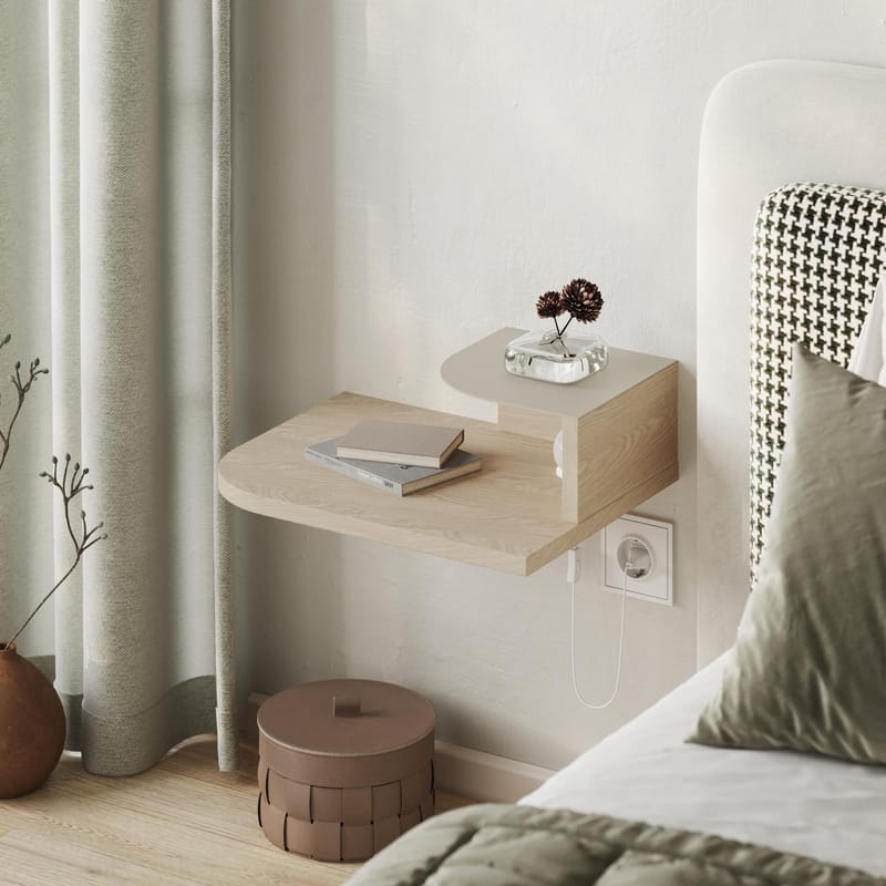 Rilina Veggmontert Nattbord 40 cm med Tre- og Eikutseende, Oppbevaring med Hylle og LED-belysning - Beige - Møbler - Bord - Avlastningsbord - Sengebord & nattbord