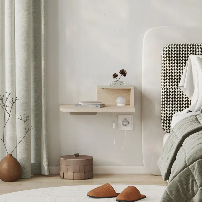 Rilina Veggmontert Nattbord 40 cm med Tre- og Eikutseende, Oppbevaring med Hylle og LED-belysning - Beige - Møbler - Bord - Avlastningsbord - Sengebord & nattbord