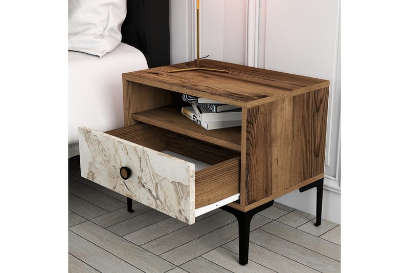 Ameias Nattbord 56x40 cm Brun/Hvit - Hanah Home - Møbler - Bord - Avlastningsbord - Sengebord & nattbord