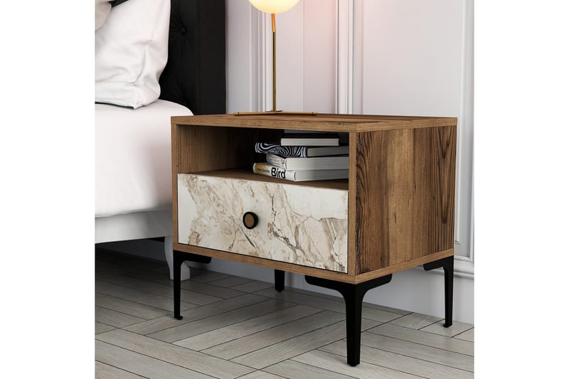 Ameias Nattbord 56x40 cm Brun/Hvit - Hanah Home - Møbler - Bord - Avlastningsbord - Sengebord & nattbord