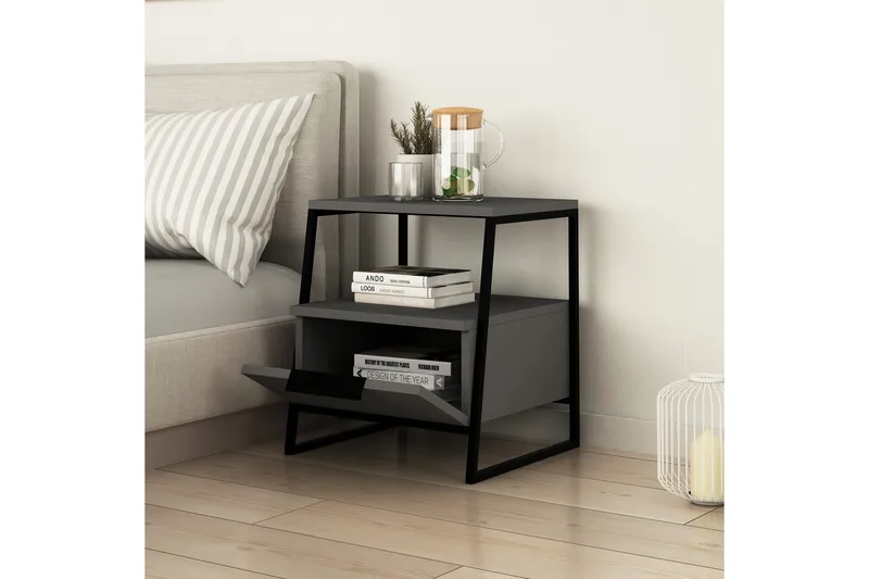 BodSjø Nattbord 45 cm med Oppbevaring Hylle + Lucka - Grå/Svart - Møbler - Bord - Avlastningsbord - Sengebord & nattbord