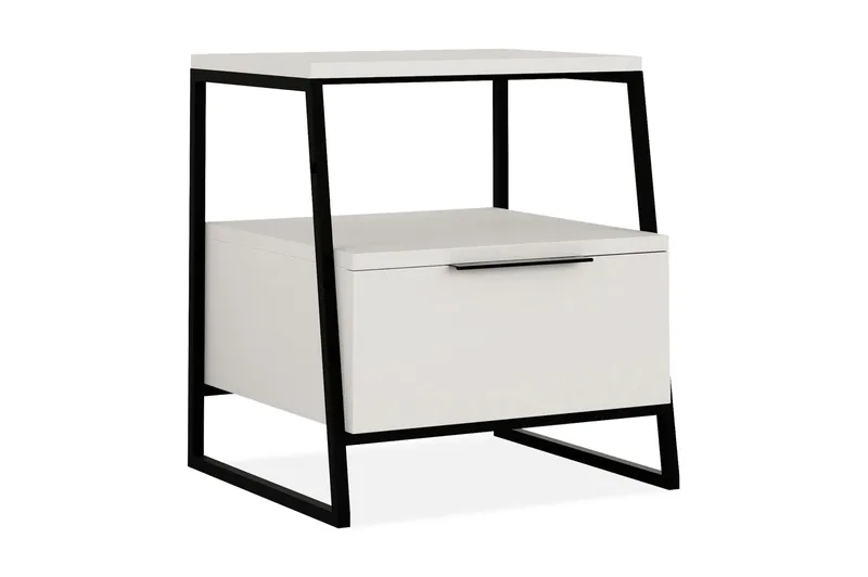 BodSjø Nattbord 45 cm med Oppbevaring Hylle + Lucka - Hvit/Svart - Møbler - Bord - Avlastningsbord - Sengebord & nattbord