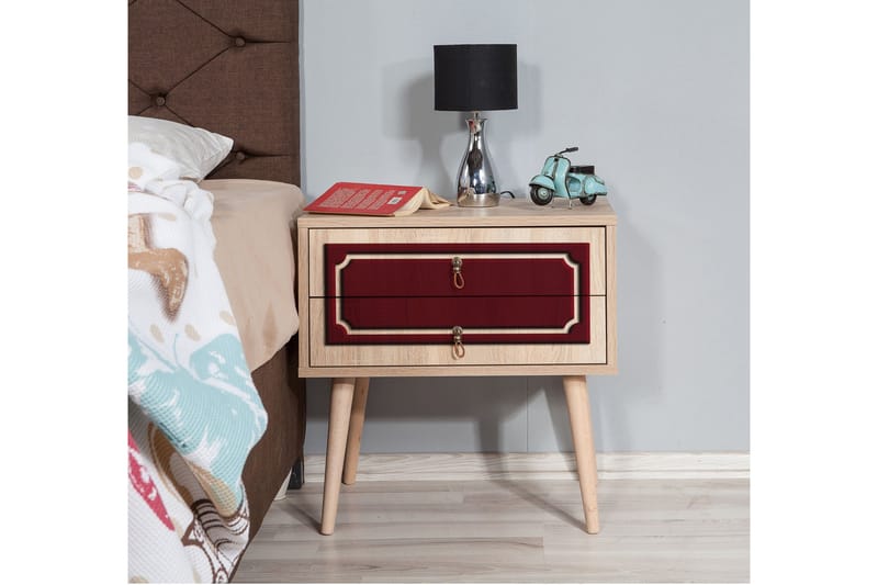 Brokind Nattbord 60 cm med Oppbevaring 2 Skuffer DEikor - Natur/Rød - Møbler - Bord - Avlastningsbord - Sengebord & nattbord