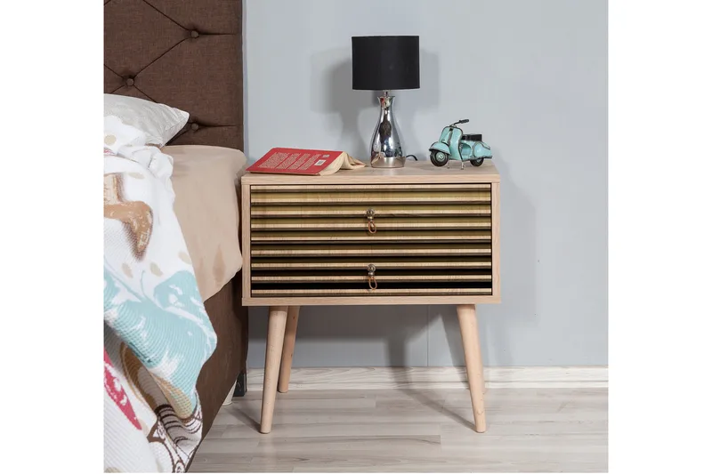 Brokind Nattbord 60 cm med Oppbevaring 2 Skuffer Striper - Natur - Møbler - Bord - Avlastningsbord - Sengebord & nattbord