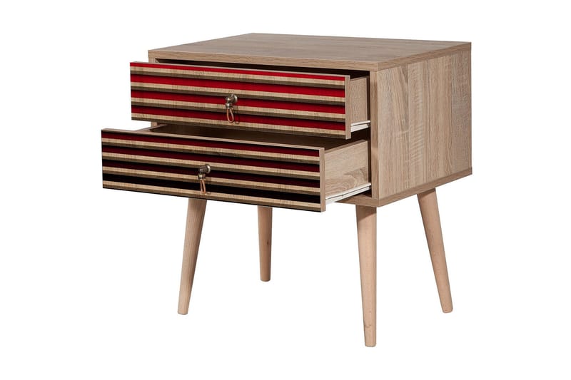 Brokind Nattbord 60 cm med Oppbevaring 2 Skuffer Striper - Natur/Rød - Møbler - Bord - Avlastningsbord - Sengebord & nattbord