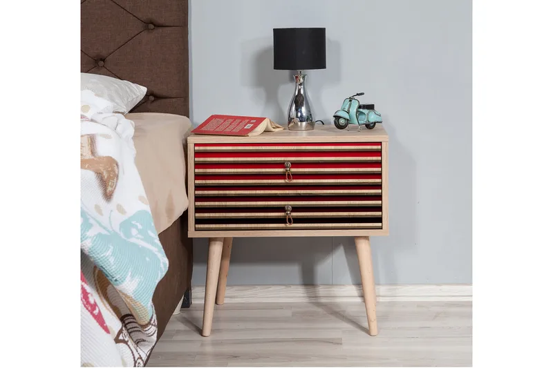 Brokind Nattbord 60 cm med Oppbevaring 2 Skuffer Striper - Natur/Rød - Møbler - Bord - Avlastningsbord - Sengebord & nattbord