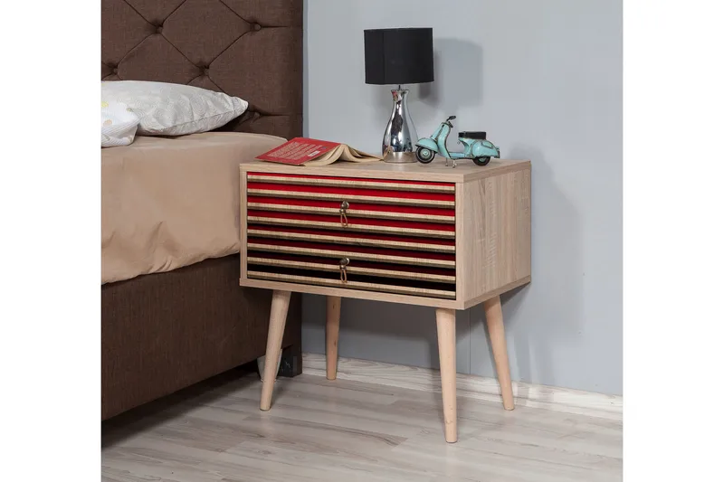 Brokind Nattbord 60 cm med Oppbevaring 2 Skuffer Striper - Natur/Rød - Møbler - Bord - Avlastningsbord - Sengebord & nattbord