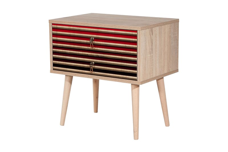 Brokind Nattbord 60 cm med Oppbevaring 2 Skuffer Striper - Natur/Rød - Møbler - Bord - Avlastningsbord - Sengebord & nattbord