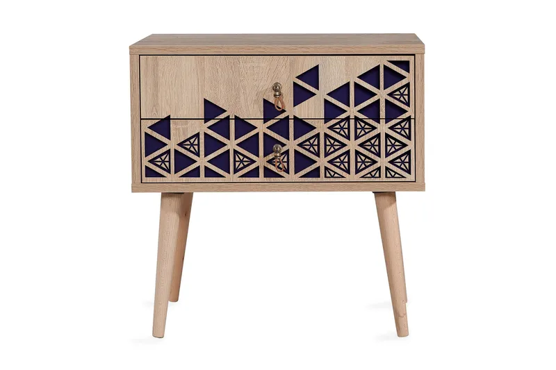 Brokind Nattbord 60 cm med Oppbevaring 2 Skuffer Trianglar, Natur/Blå