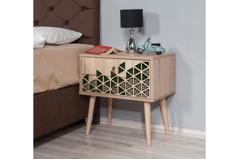 Brokind Nattbord 60 cm med Oppbevaring 2 Skuffer Trianglar - Natur/Grønn - Møbler - Bord - Avlastningsbord - Sengebord & nattbord