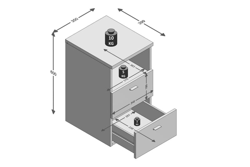 Colima Nattbord 35 cm med Oppbevaring 2 Skuffer + Hylle - Grå - Møbler - Bord - Avlastningsbord - Sengebord & nattbord