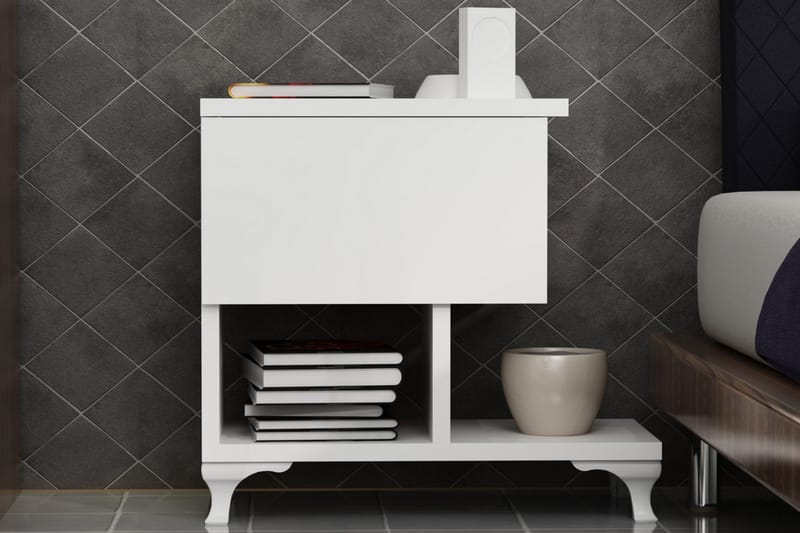 Decorotika Nattbord 46 cm med Oppbevaring Skuff + Hyller Ben - Hvit - Møbler - Bord - Avlastningsbord - Sengebord & nattbord