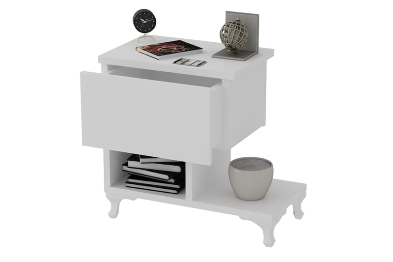 Decorotika Nattbord 46 cm med Oppbevaring Skuff + Hyller Ben - Hvit - Møbler - Bord - Avlastningsbord - Sengebord & nattbord