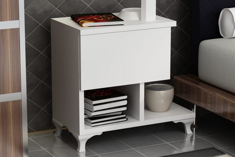 Decorotika Nattbord 46 cm med Oppbevaring Skuff + Hyller Ben - Hvit - Møbler - Bord - Avlastningsbord - Sengebord & nattbord