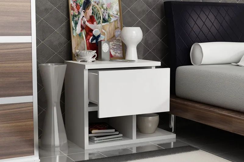 Decorotika Nattbord 46 cm med Oppbevaring Skuff + Hyller - Hvit - Møbler - Bord - Avlastningsbord - Sengebord & nattbord