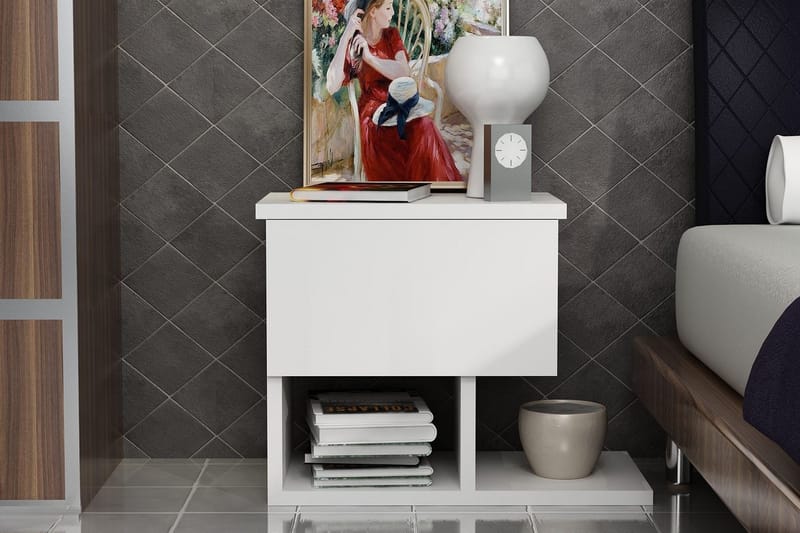 Decorotika Nattbord 46 cm med Oppbevaring Skuff + Hyller - Hvit - Møbler - Bord - Avlastningsbord - Sengebord & nattbord