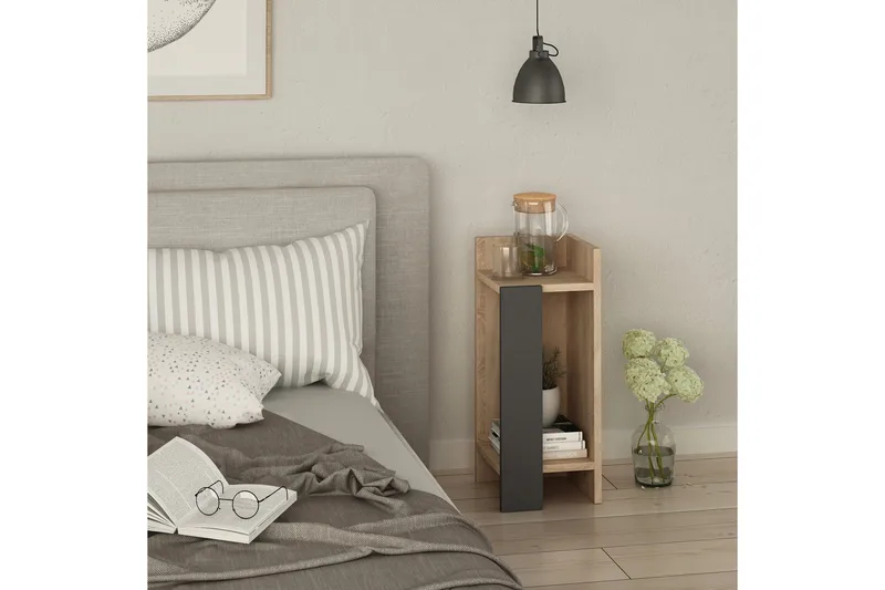 Decorta Nattbord 27 cm med Oppbevaring Hyller + Luker Høyre - Brun/Grå - Møbler - Bord - Avlastningsbord - Sengebord & nattbord