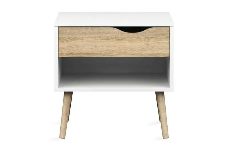 Delta Nattbord 50 cm med Oppbevaring Skuff + Hylle - Hvit/Eikfarge - Møbler - Bord - Avlastningsbord - Sengebord & nattbord