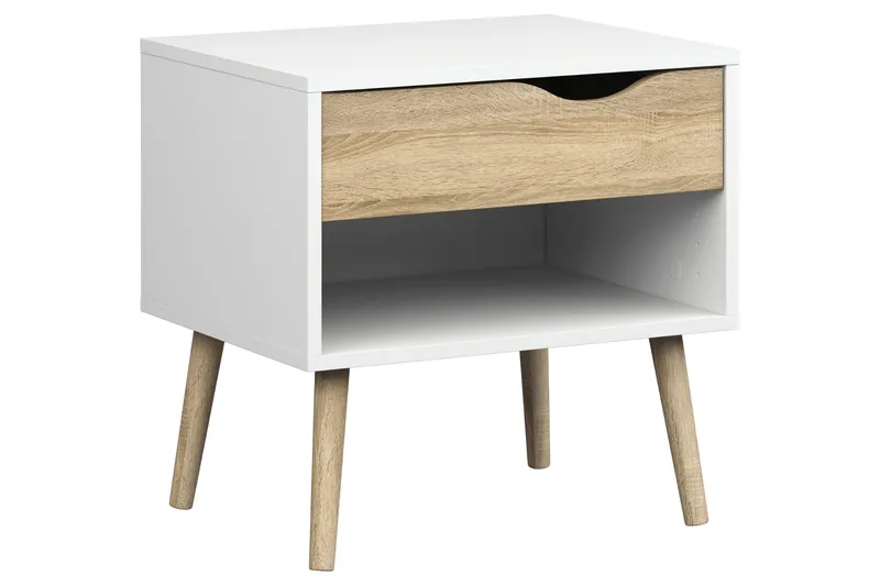 Delta Nattbord 50 cm med Oppbevaring Skuff + Hylle - Hvit/Eikfarge - Møbler - Bord - Avlastningsbord - Sengebord & nattbord