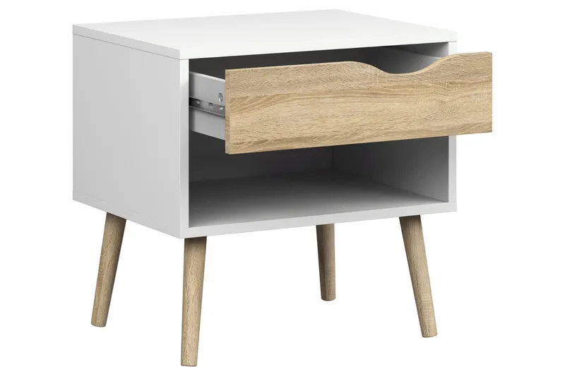 Delta Nattbord 50 cm med Oppbevaring Skuff + Hylle - Hvit/Eikfarge - Møbler - Bord - Avlastningsbord - Sengebord & nattbord