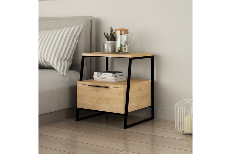 Desgrar Nattbord 45x50 cm i Eik med Skuffer og Oppbevaring - Beige - Møbler - Bord - Avlastningsbord - Sengebord & nattbord