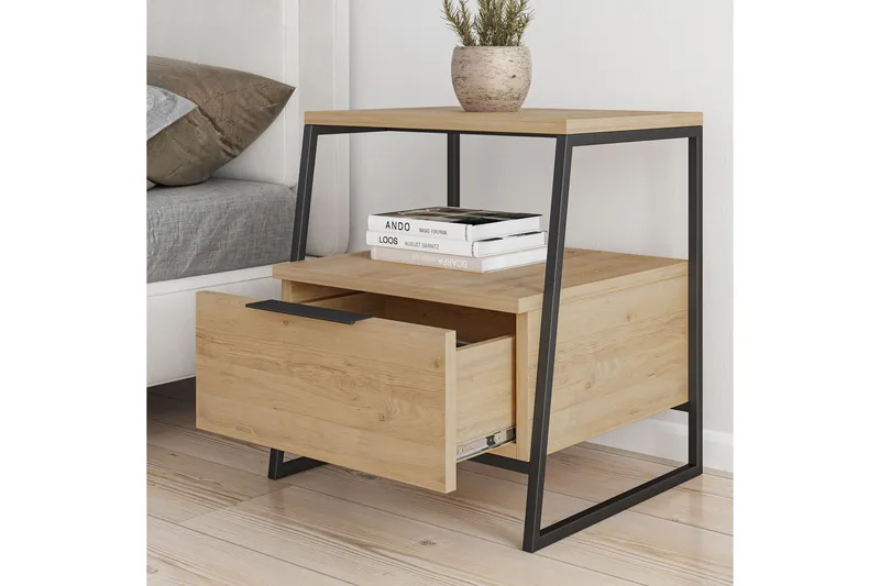 Desgrar Nattbord 45x50 cm i Eik med Skuffer og Oppbevaring - Beige - Møbler - Bord - Avlastningsbord - Sengebord & nattbord