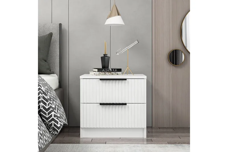 Fruitland Nattbord 54 cm i Tre med Oppbevaring og Skuffer, Hvit