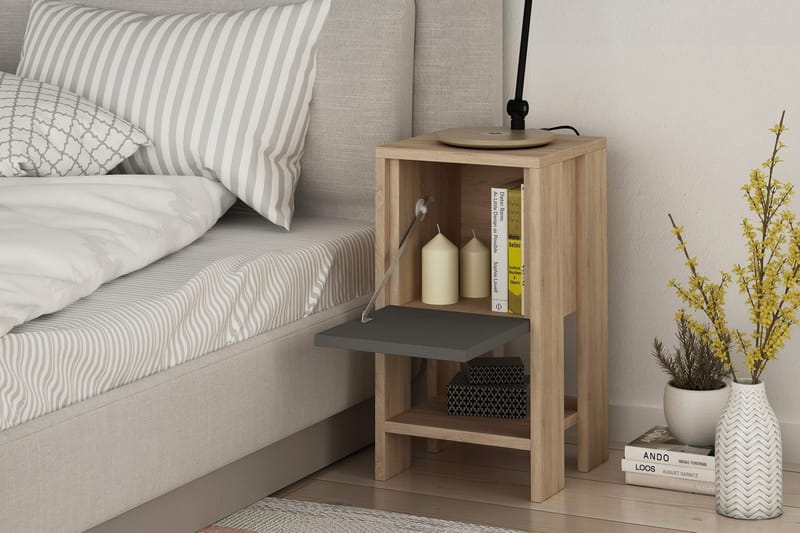 Homitis Nattbord 30 cm med Oppbevaring Hylle + Lucka - Eikfarge/Mørkegrå - Møbler - Bord - Avlastningsbord - Sengebord & nattbord