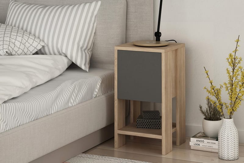 Homitis Nattbord 30 cm med Oppbevaring Hylle + Lucka - Eikfarge/Mørkegrå - Møbler - Bord - Avlastningsbord - Sengebord & nattbord