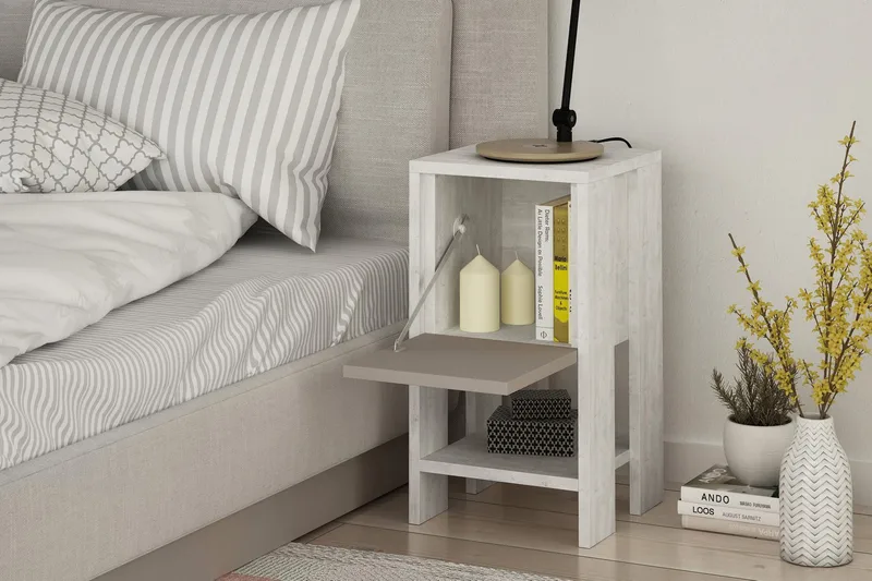 Homitis Nattbord 30 cm med Oppbevaring Hylle + Lucka - Hvit/Tre - Møbler - Bord - Avlastningsbord - Sengebord & nattbord