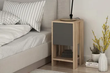 Homitis Nattbord 30 cm med Oppbevaring Hylle + Lucka - Eikfarge/Mørkegrå - Møbler - Bord - Avlastningsbord - Sengebord & nattbord
