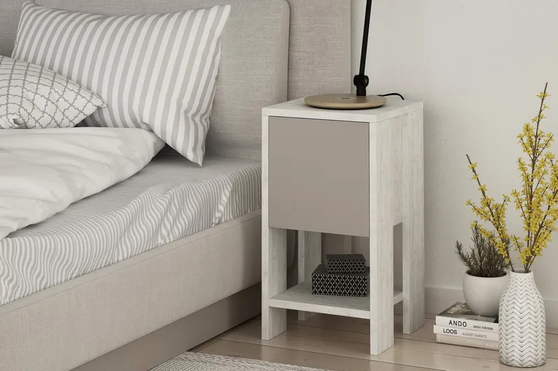 Homitis Nattbord 30 cm med Oppbevaring Hylle + Lucka - Hvit/Tre - Møbler - Bord - Avlastningsbord - Sengebord & nattbord