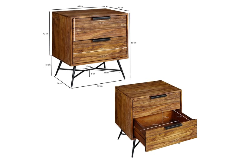 Kimbal Nattbord 60 cm med Oppbevaring 2 Skuffer - Massivt Tre/Svart - Møbler - Bord - Avlastningsbord - Sengebord & nattbord