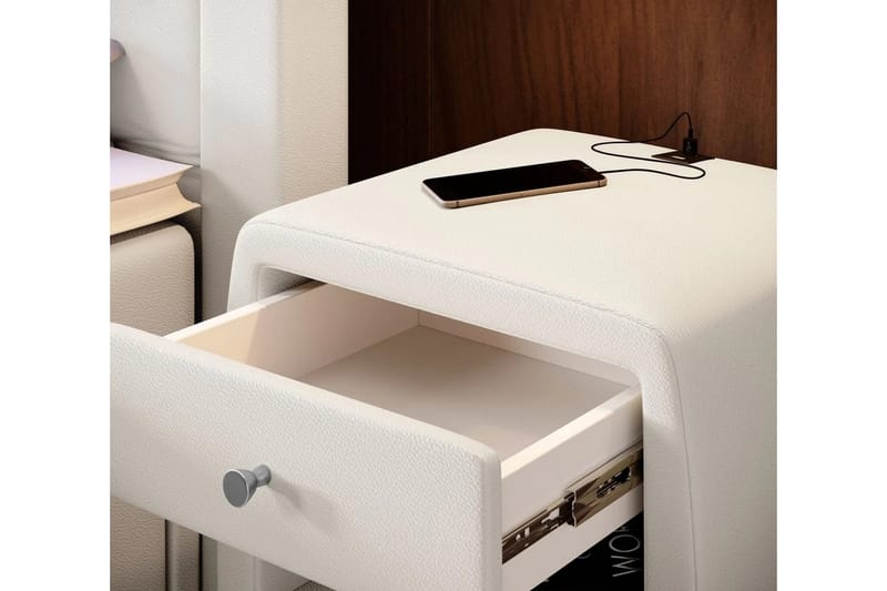 Lysander Nattbord 48 cm med Oppbevaring Skuff - Hvit Kunstskinn - Møbler - Bord - Avlastningsbord - Sengebord & nattbord