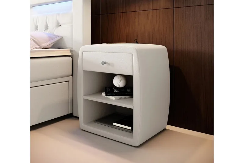 Lysander Nattbord 48 cm med Oppbevaring Skuff, Hvit Kunstskinn