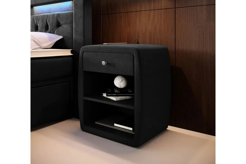 Lysander Nattbord 48 cm med Oppbevaring Skuff, Svart