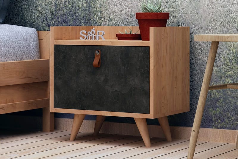 Mod Design Nattbord 50 cm med Oppbevaring Skap Lærbeslag - Grå/Tre - Møbler - Bord - Avlastningsbord - Sengebord & nattbord