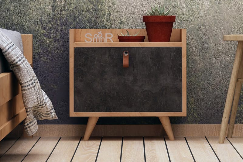 Mod Design Nattbord 50 cm med Oppbevaring Skap Lærbeslag - Grå/Tre - Møbler - Bord - Avlastningsbord - Sengebord & nattbord